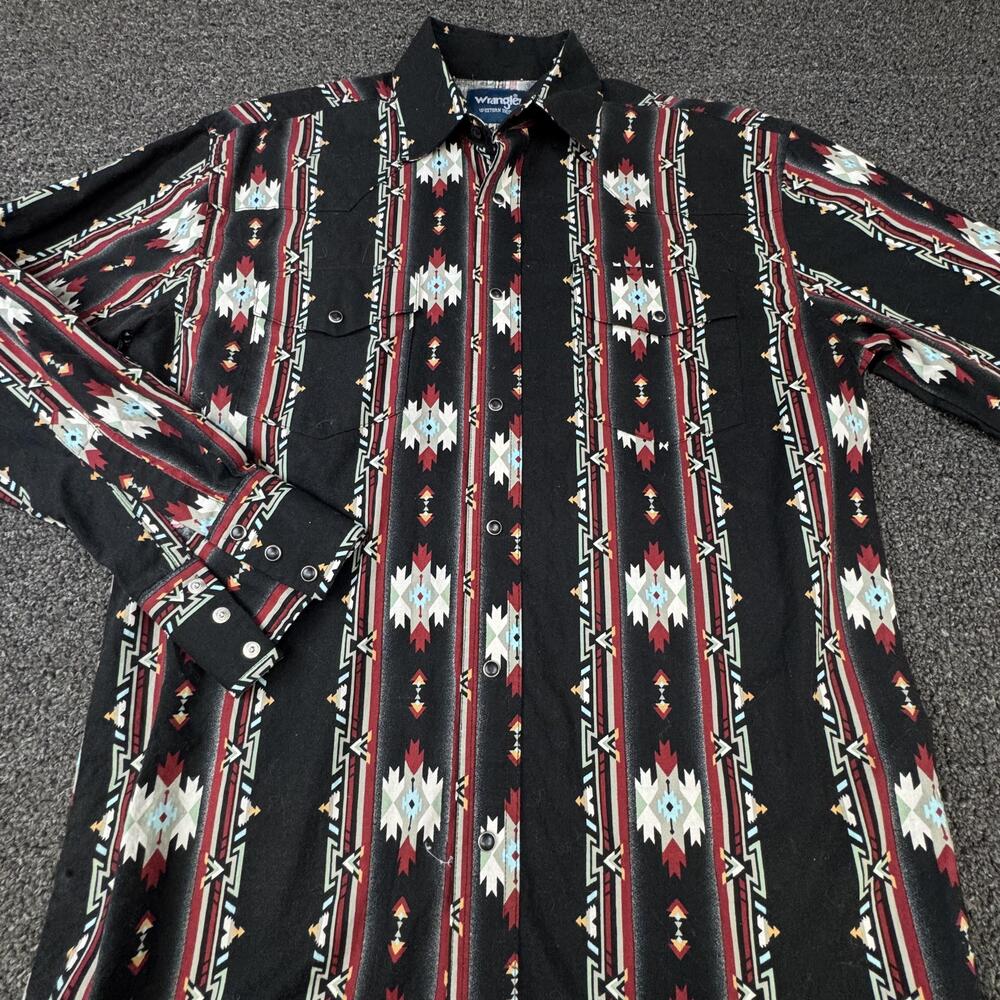 Vtg Wrangler Shirt Men M Black Geometric Long Sleeve Snap Button Up Pocket SW